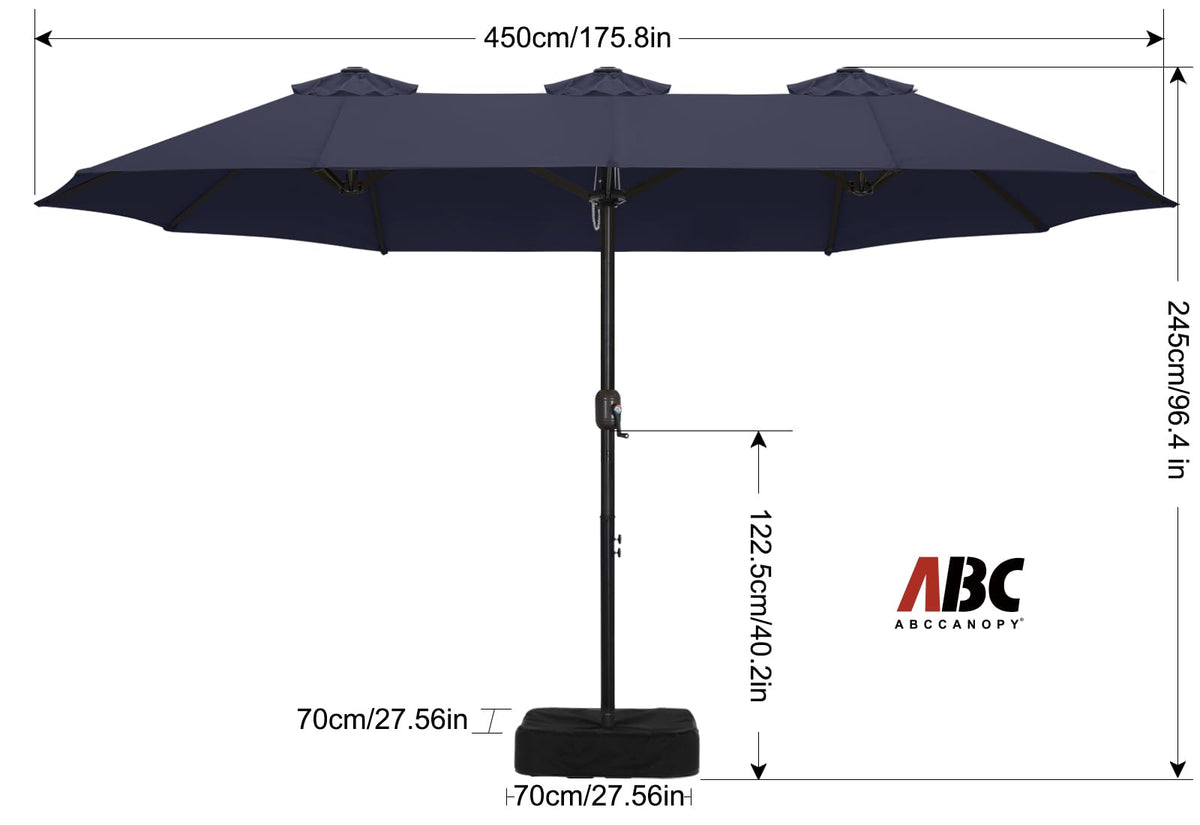 15FT Double-Sided Rectangle Patio Umbrella with Base Navy Blue Q54802