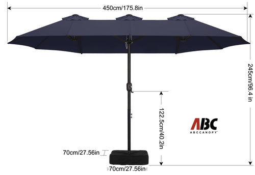 15FT Double-Sided Rectangle Patio Umbrella with Base Navy Blue Q54802