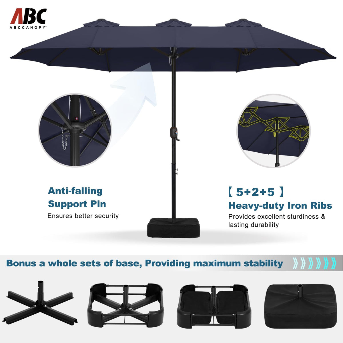 15FT Double-Sided Rectangle Patio Umbrella with Base Navy Blue Q54802
