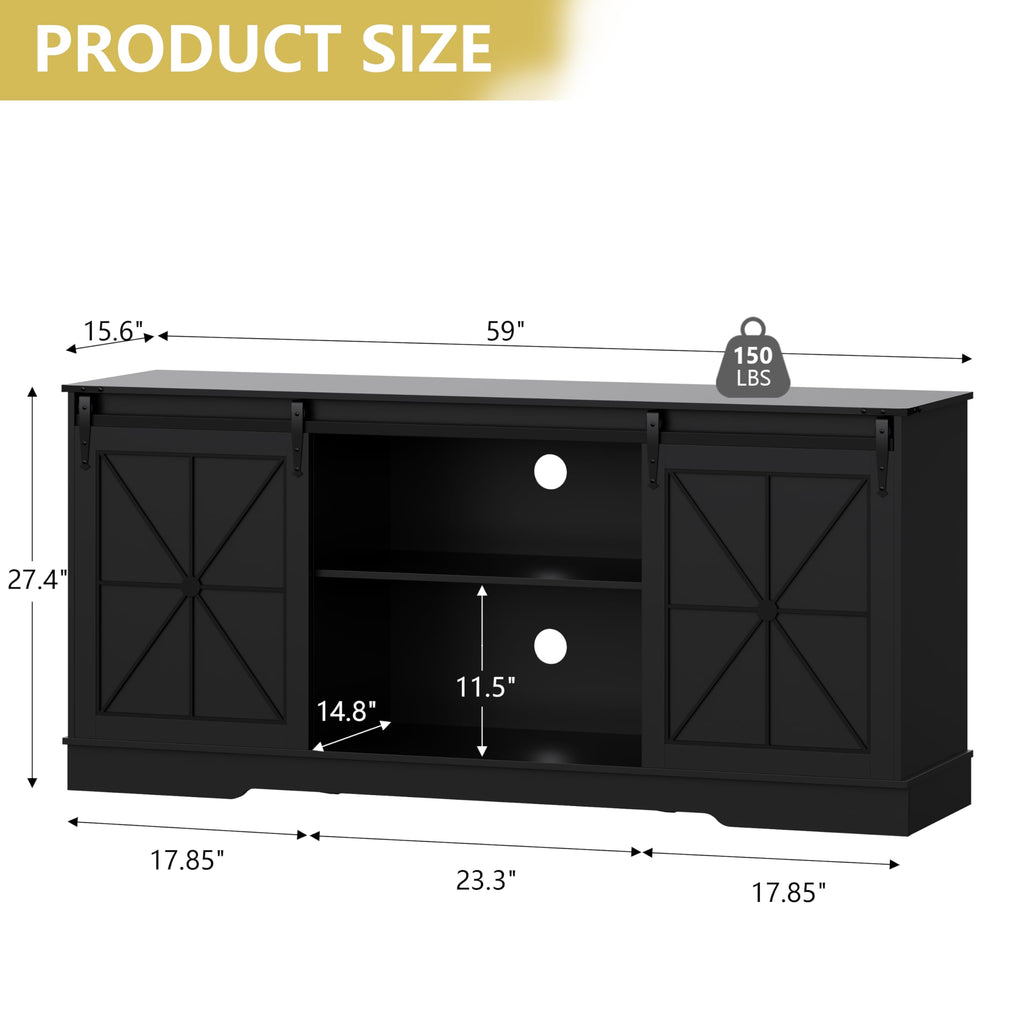 Black Farmhouse TV Stand with Storage Cabinets & Sliding Barn Doors I8036