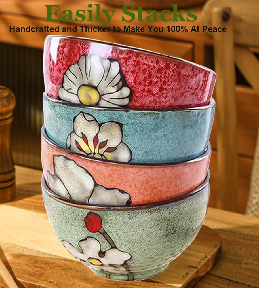 Ceramic Cereal Bowl Set of 4, 28oz Floral Pattern, Microwave Safe Q903