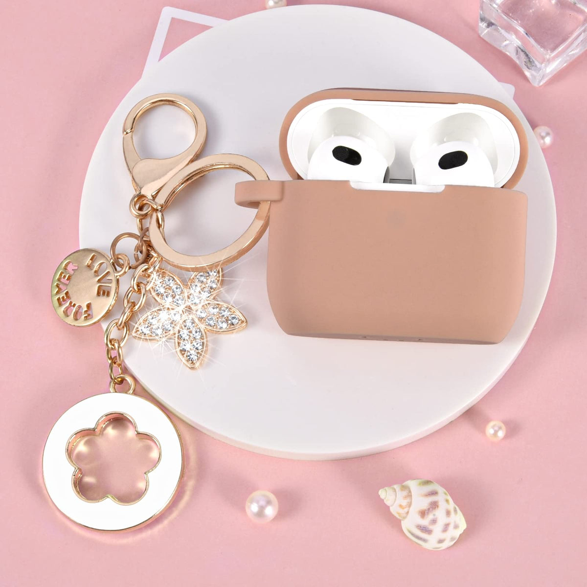 Pink Silicone Earbuds Case with Keychain U50989