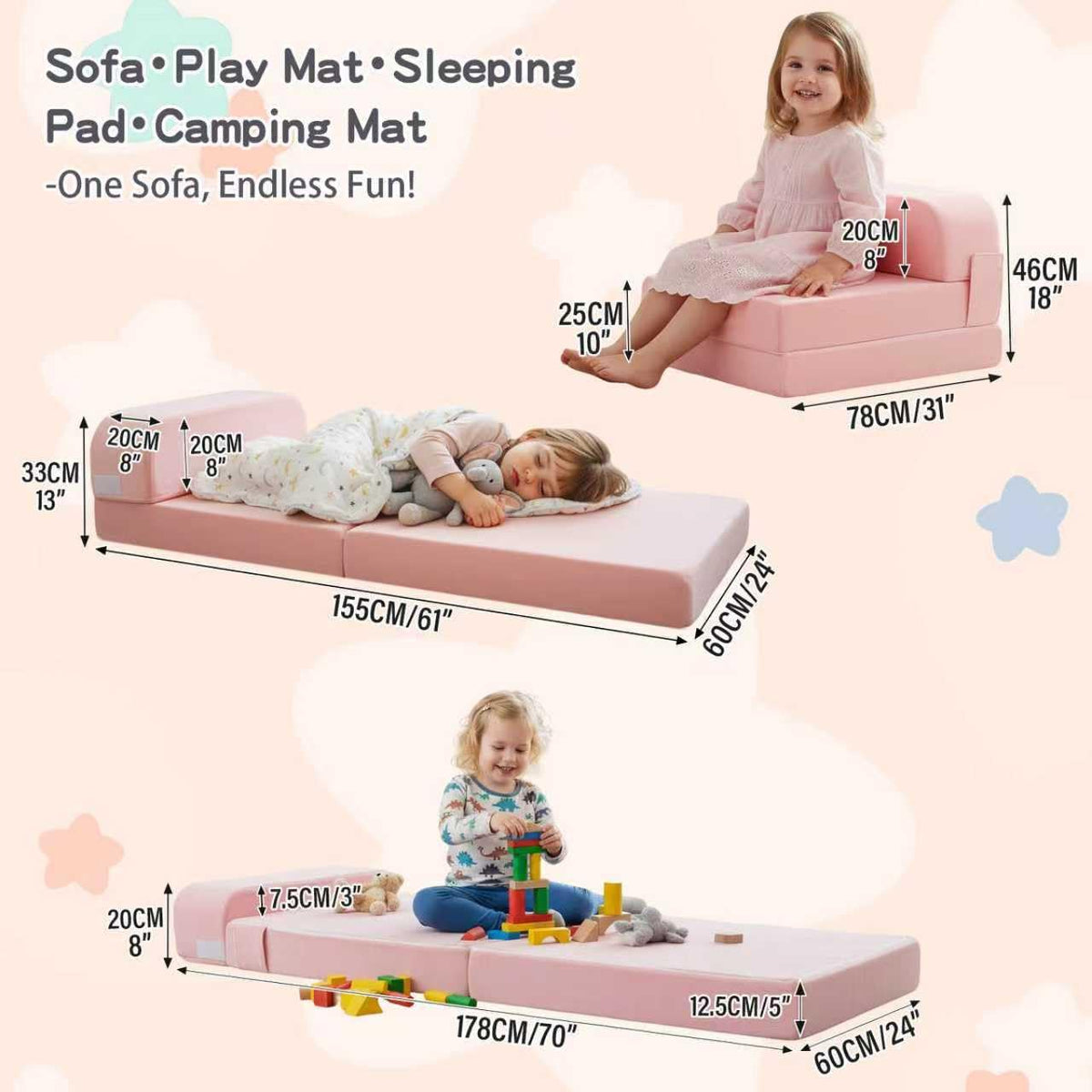 Pink Folding Sofa Bed with Removable Cover Y684441