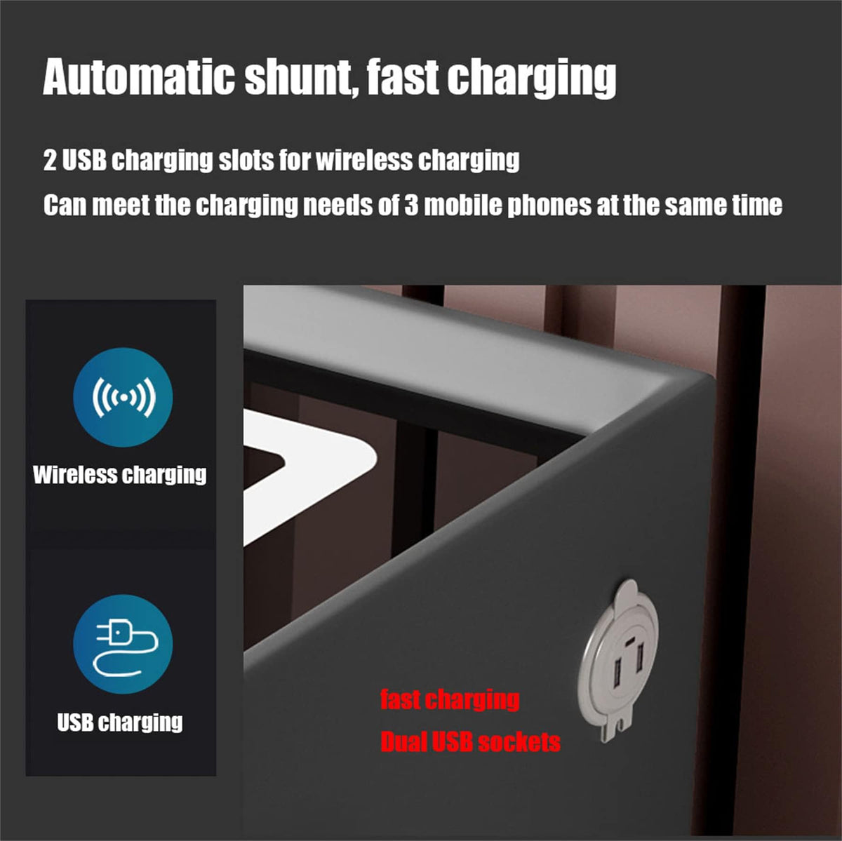 Pink 3 Drawer Wood Nightstand with Charging Station and USB Ports S860