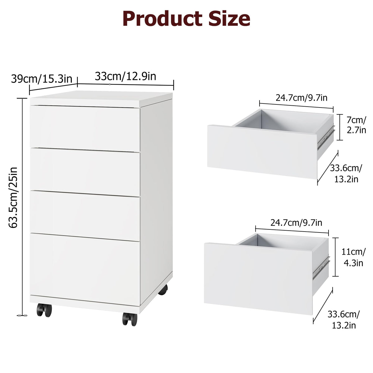 White 4 Drawer Wood Storage Cabinet with Wheels X791