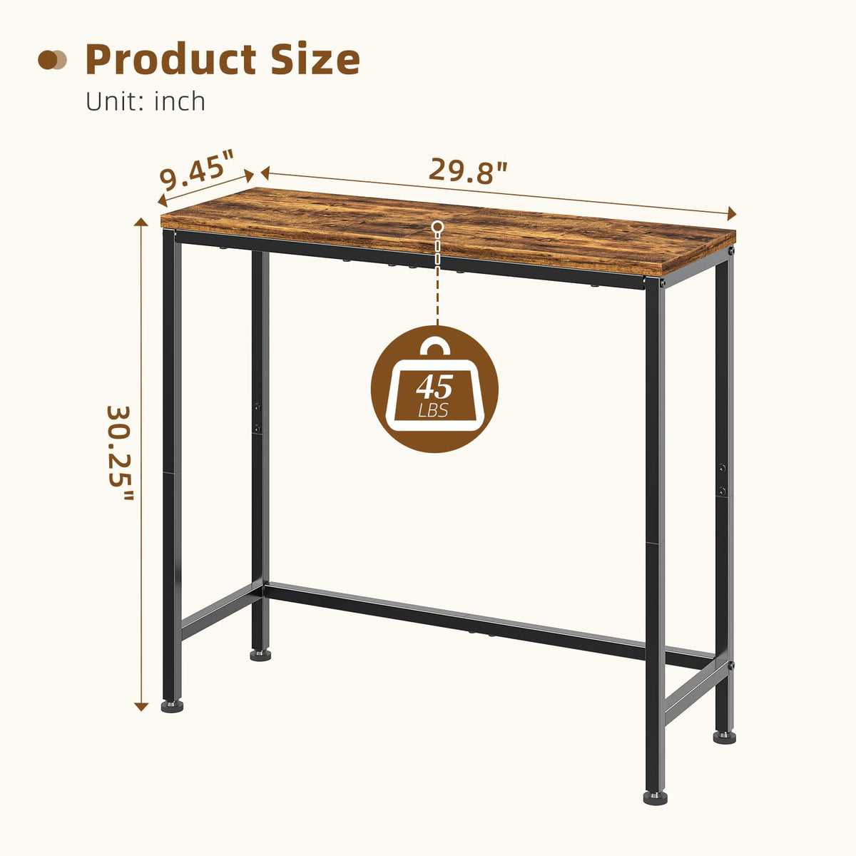 Narrow Side Table, 29.8" Console Table, Rustic Brown N7122
