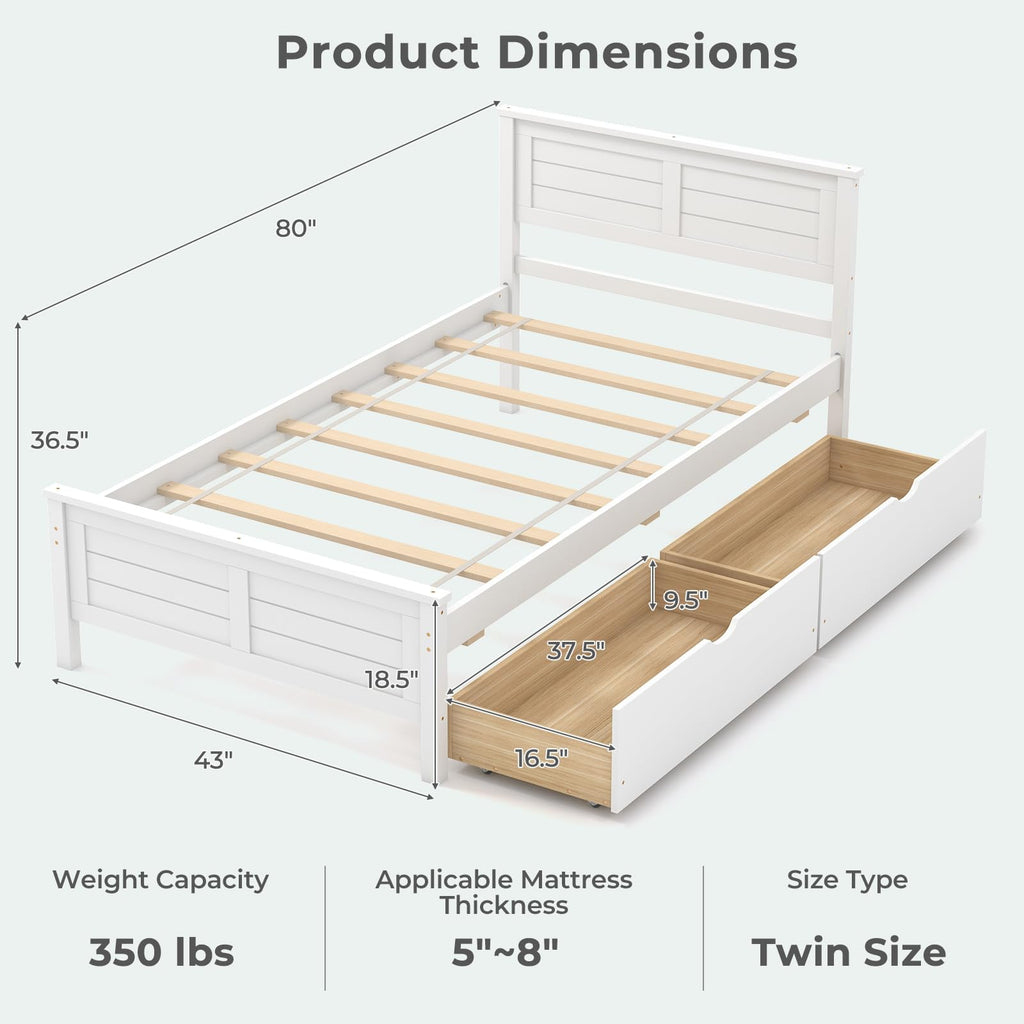 White Wood Twin Bed with 2 Storage Drawers Q782030
