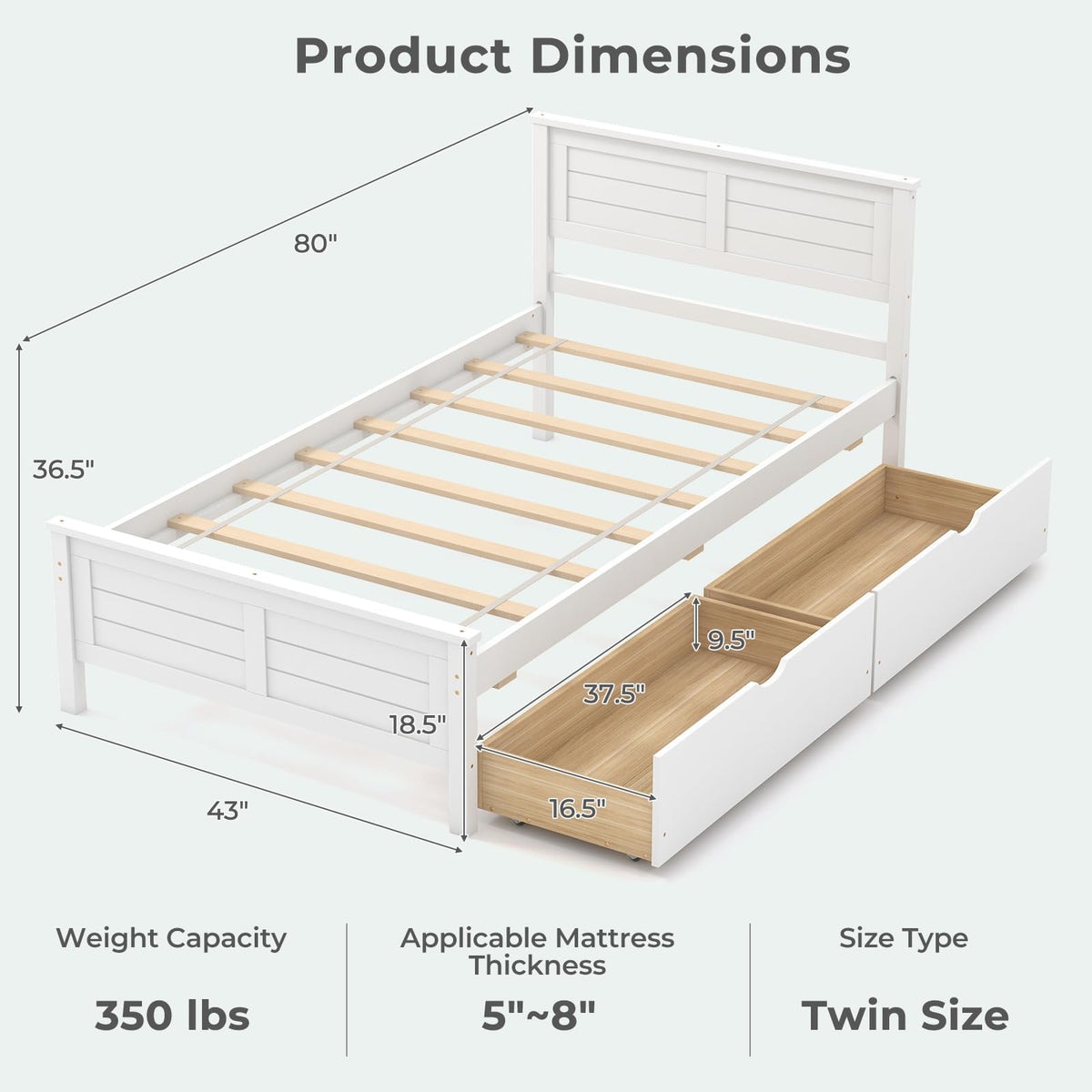 White Wood Twin Bed with 2 Storage Drawers Q782030