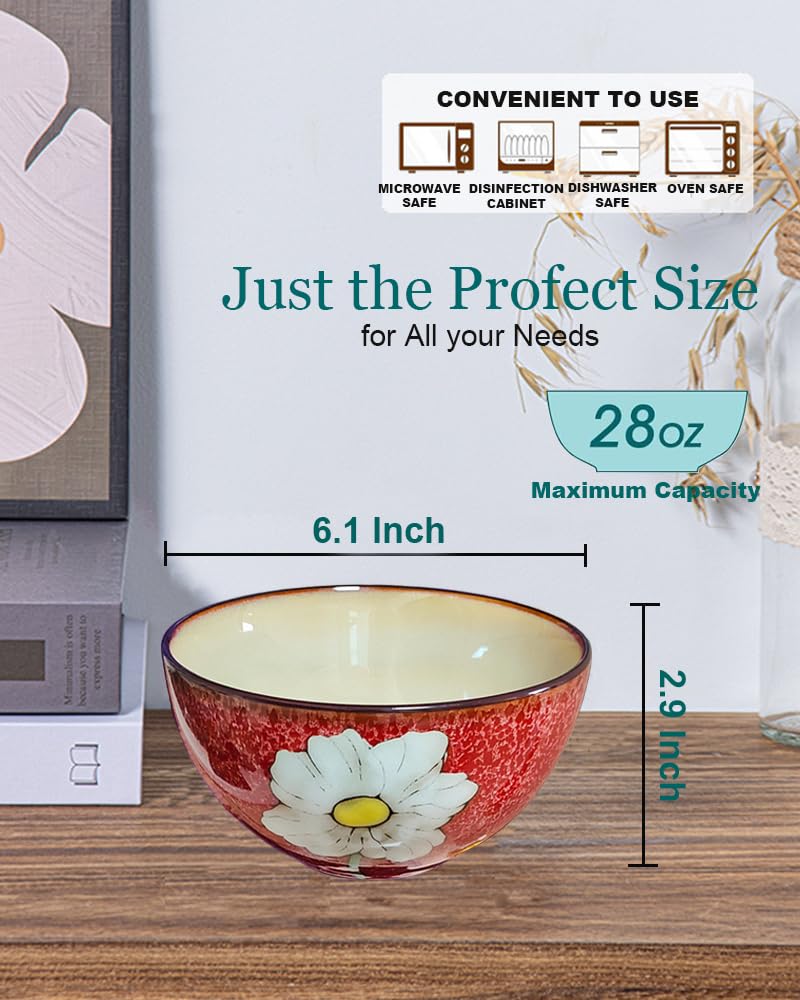 Ceramic Cereal Bowl Set of 4, 28oz Floral Pattern, Microwave Safe Q903