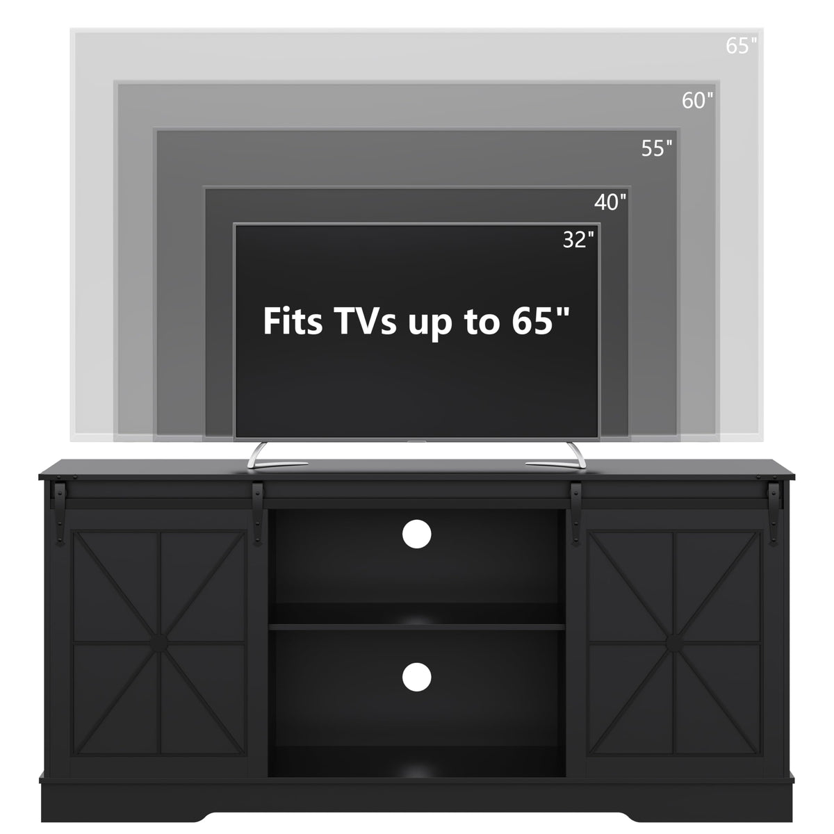 Black Farmhouse TV Stand with Storage Cabinets & Sliding Barn Doors I8036