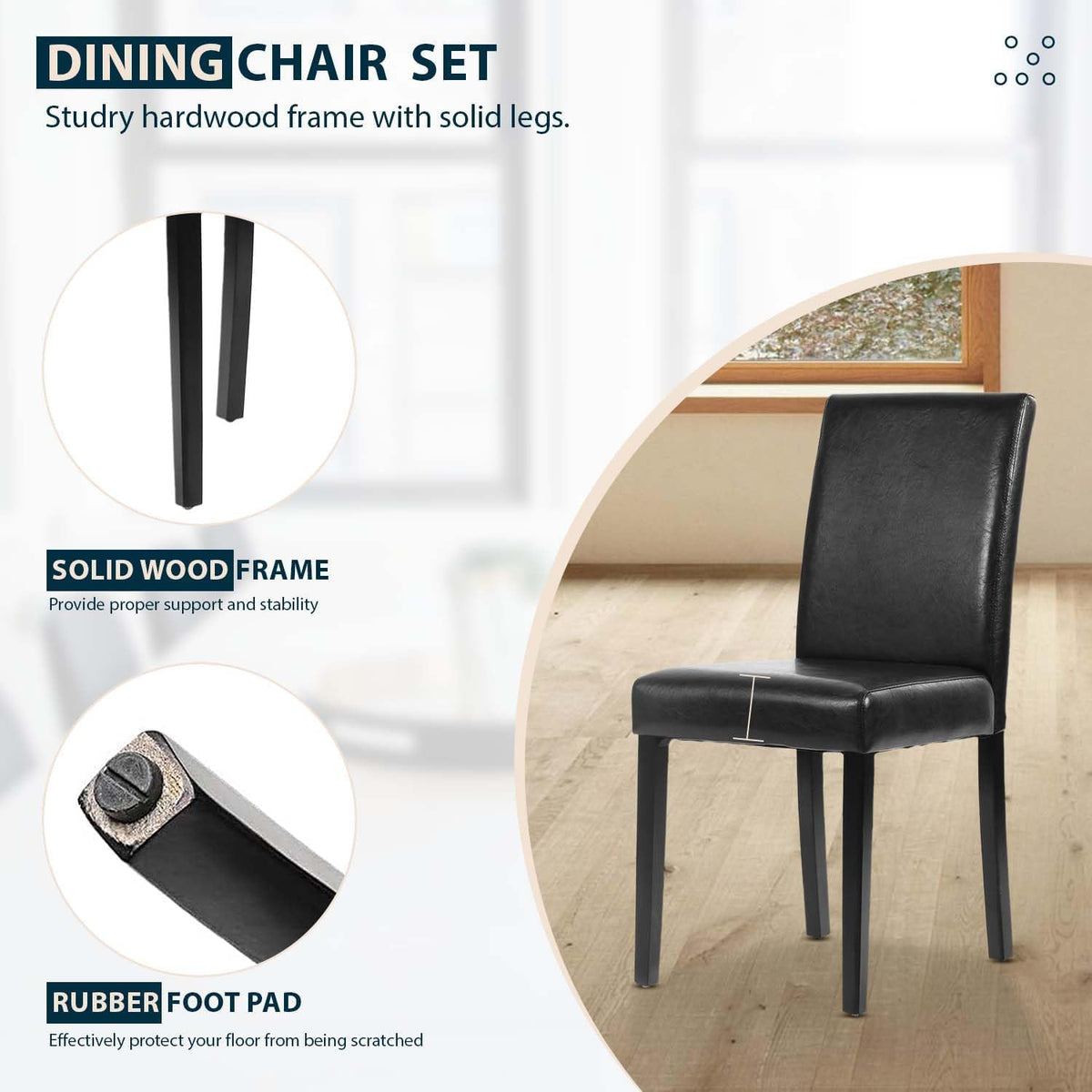 Black Set of 4 PU Leather Upholstered Dining Chairs with Solid Wood Legs T838662