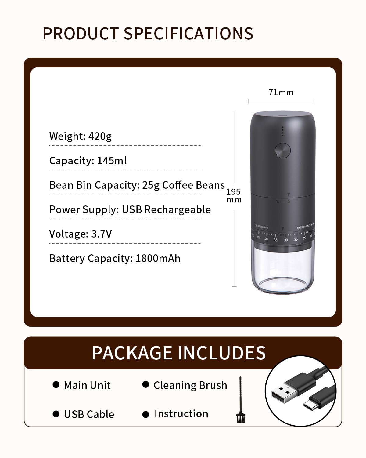 Rechargeable Electric Burr Coffee Grinder with Stainless Steel Conical Burr, Black F1056