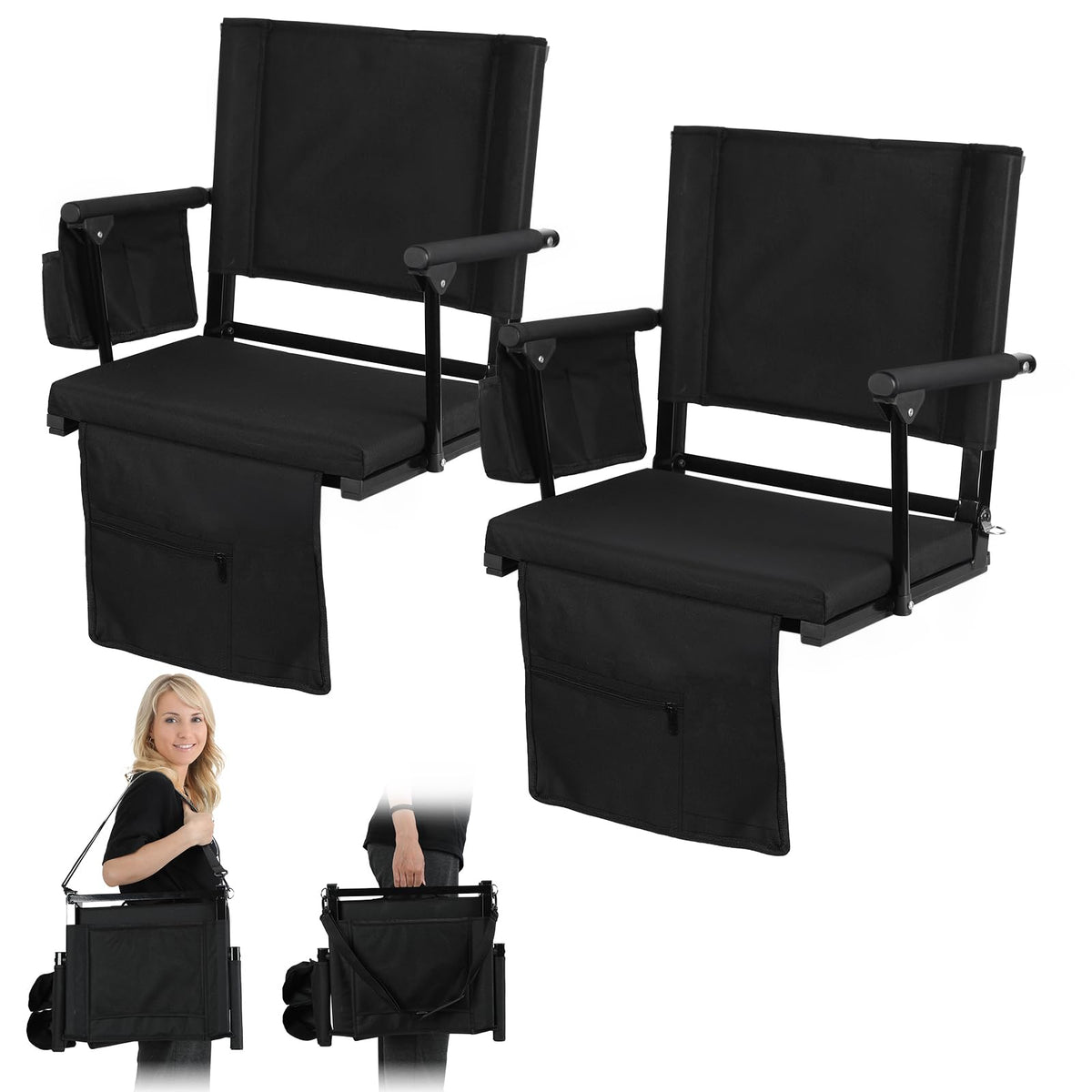 2 Pcs Folding Stadium Seat with Back Support and Cushion W933491