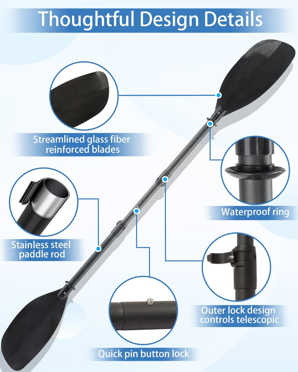 Adjustable Telescopic Kayak Paddle Stainless Steel Shaft Fiberglass Blades O190