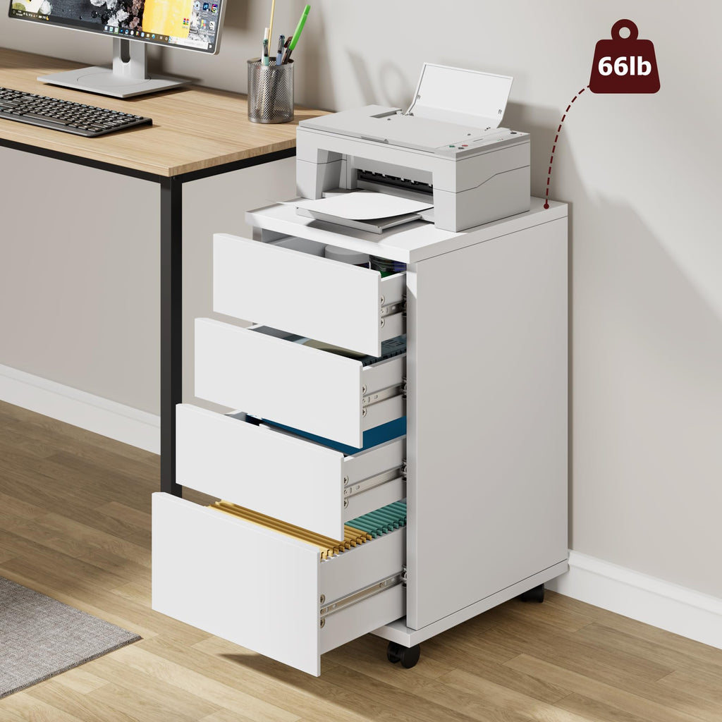 White 4 Drawer Wood Storage Cabinet with Wheels X791