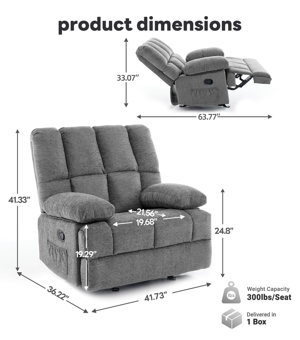 41" Oversized Chenille Rocker Recliner Chair Grey 350 LBS Capacity X2540