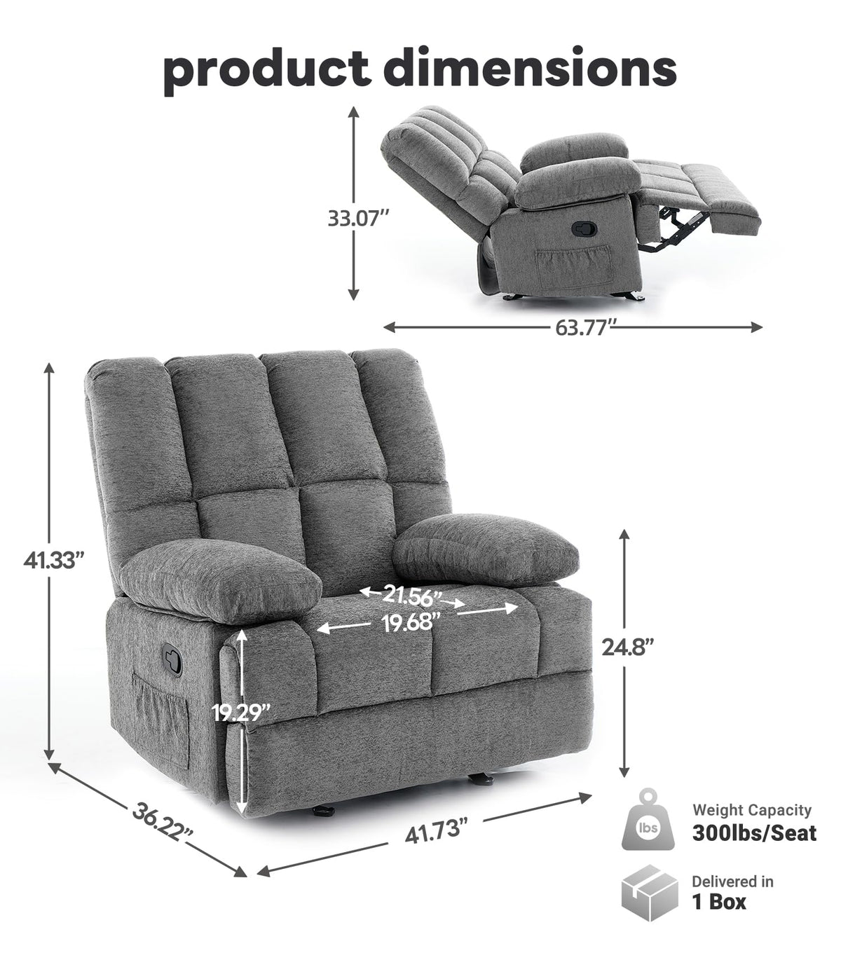 41" Oversized Chenille Rocker Recliner Chair Grey 350 LBS Capacity X2540
