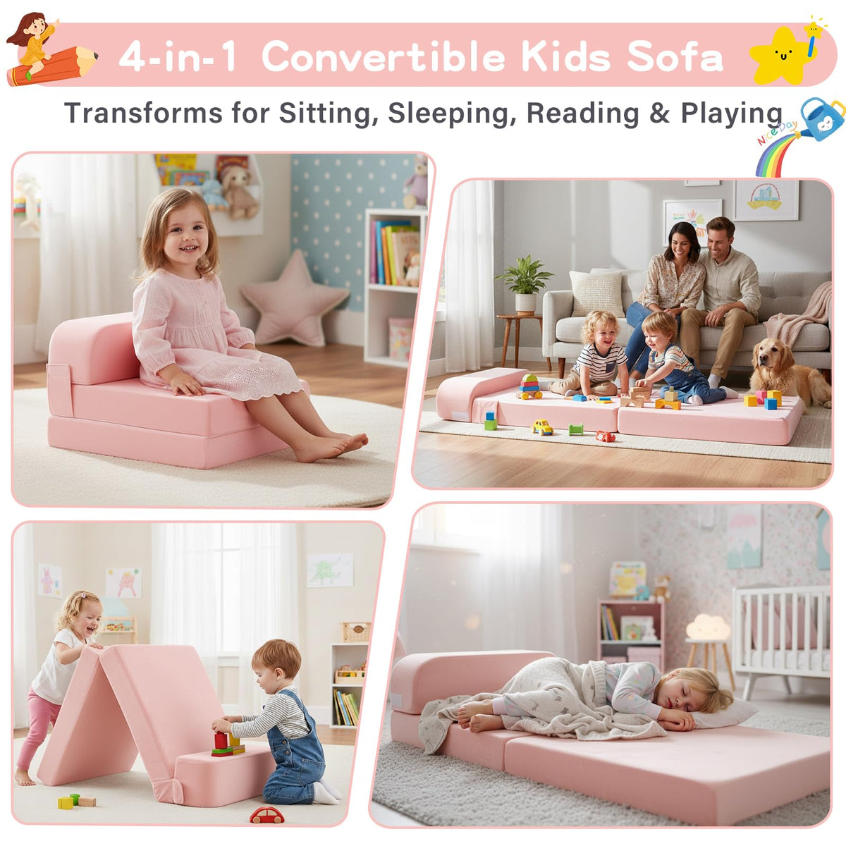 Pink Folding Sofa Bed with Removable Cover Y684441