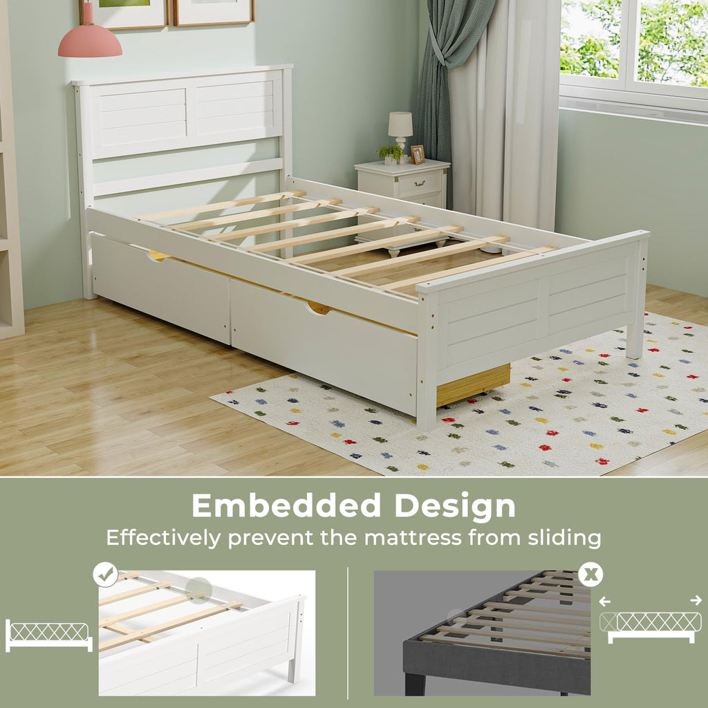 White Wood Twin Bed with 2 Storage Drawers Q782030