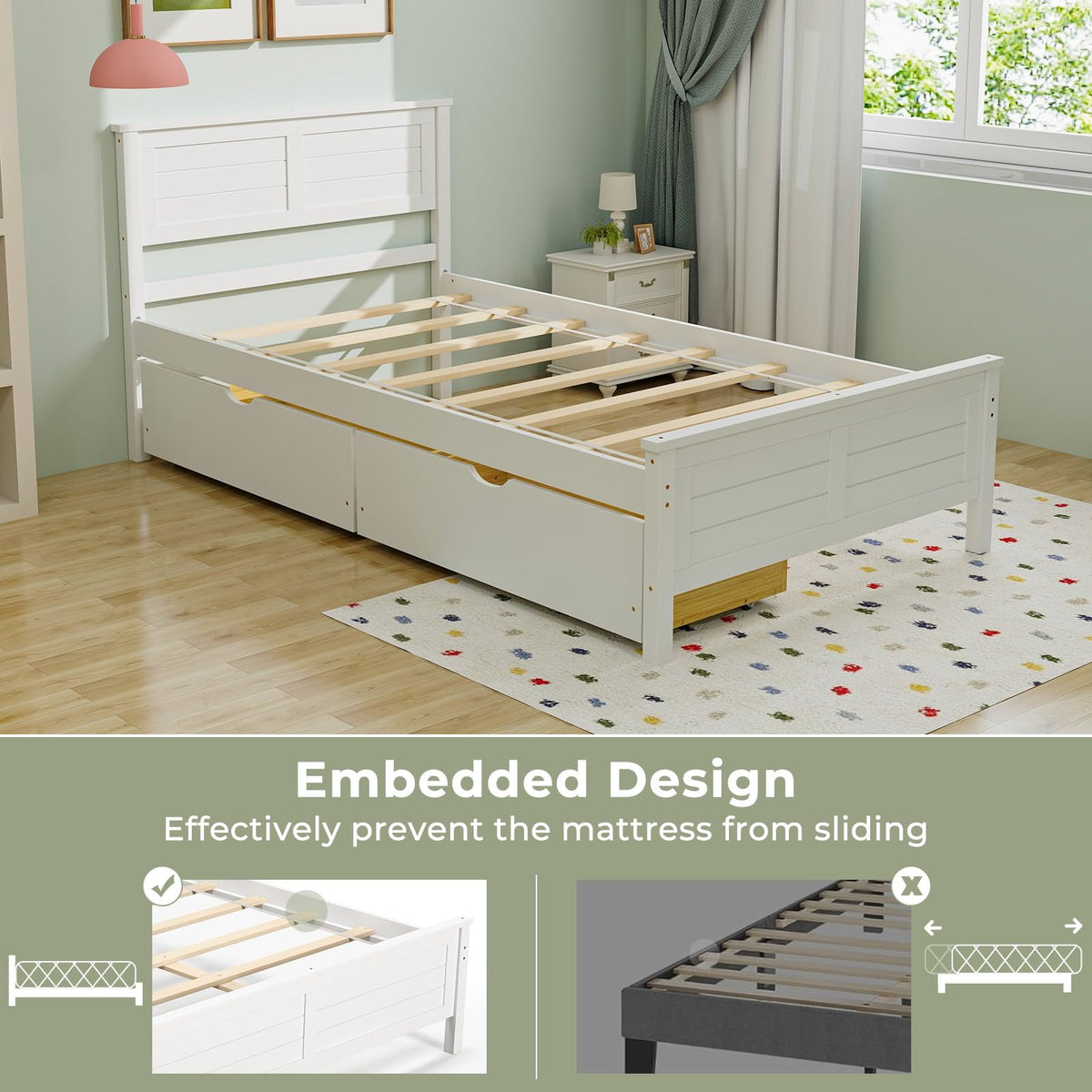 White Wood Twin Bed with 2 Storage Drawers Q782030
