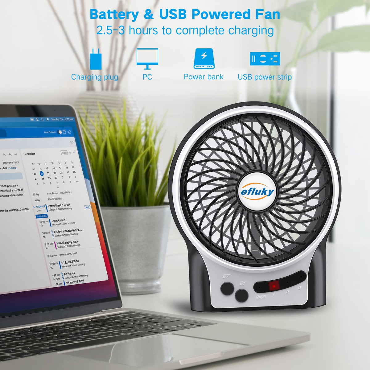 4.9-Inch Mini Desk Fan, 3 Speeds, Rechargeable USB Powered with LED Light, Black H842