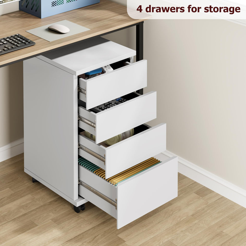 White 4 Drawer Wood Storage Cabinet with Wheels X791
