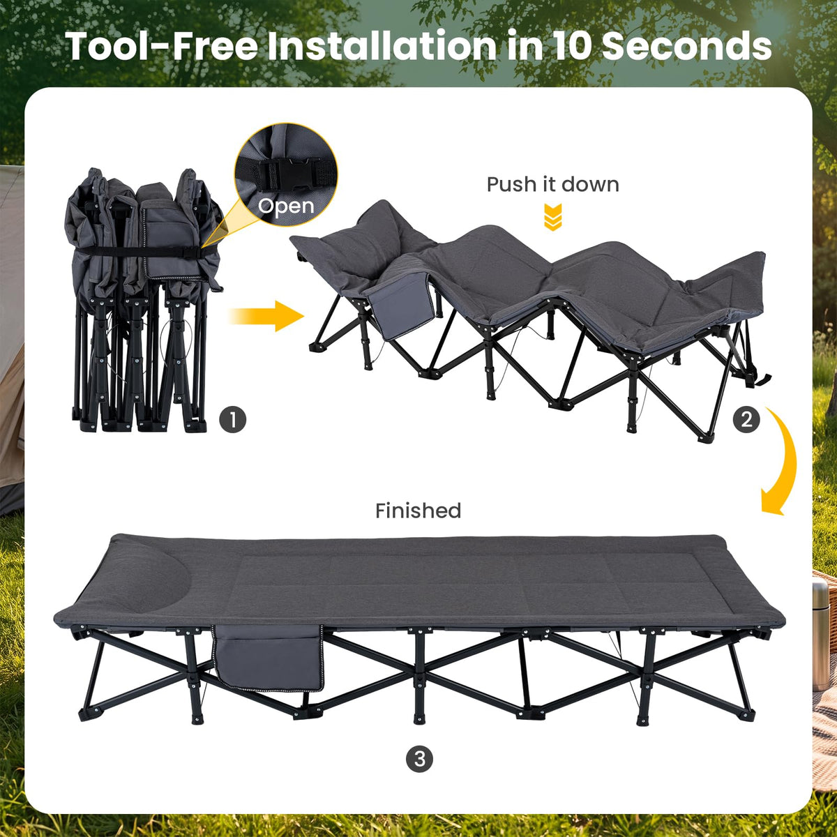 Camping Cot with Padded Pillow, Carry Bag, 600 lbs, Grey L120014