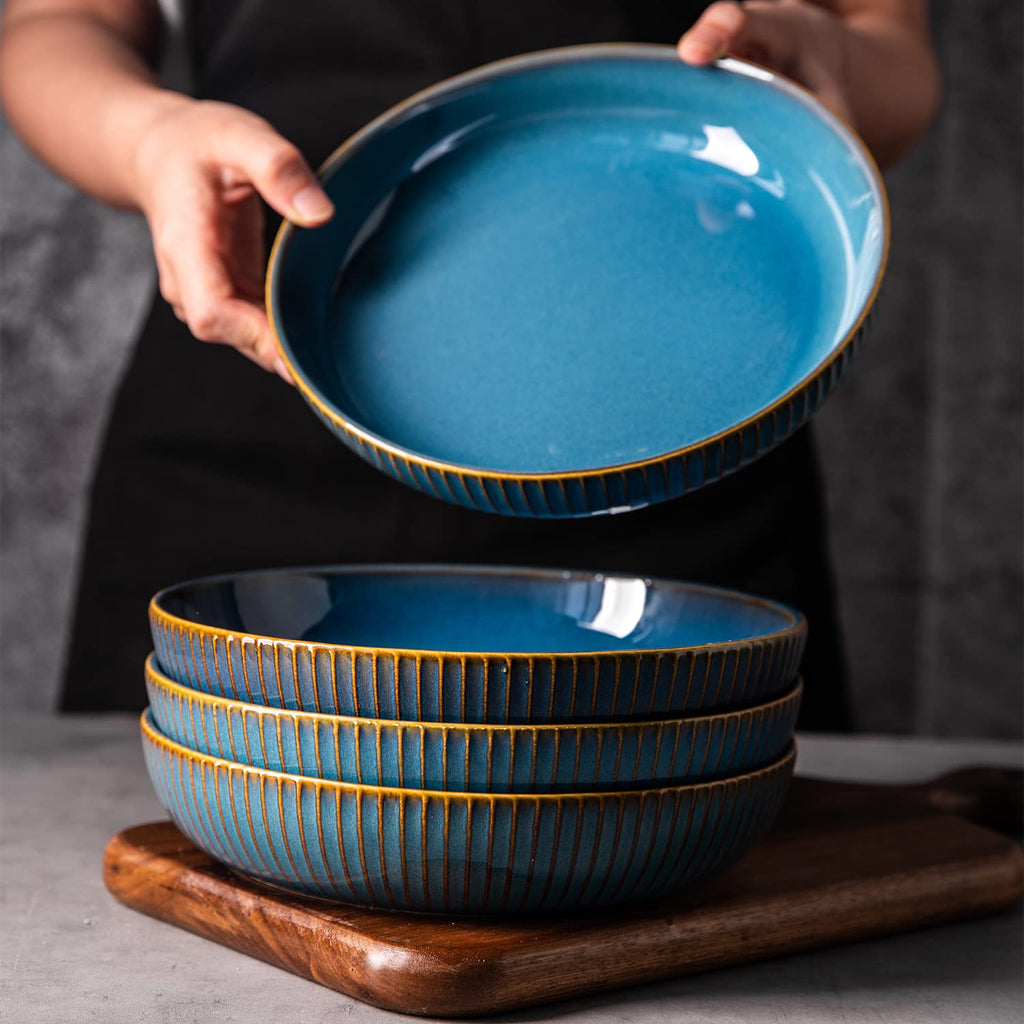 4 Pcs 35 Ounces 8.5 Inch Porcelain Pasta Bowls Blue A51364