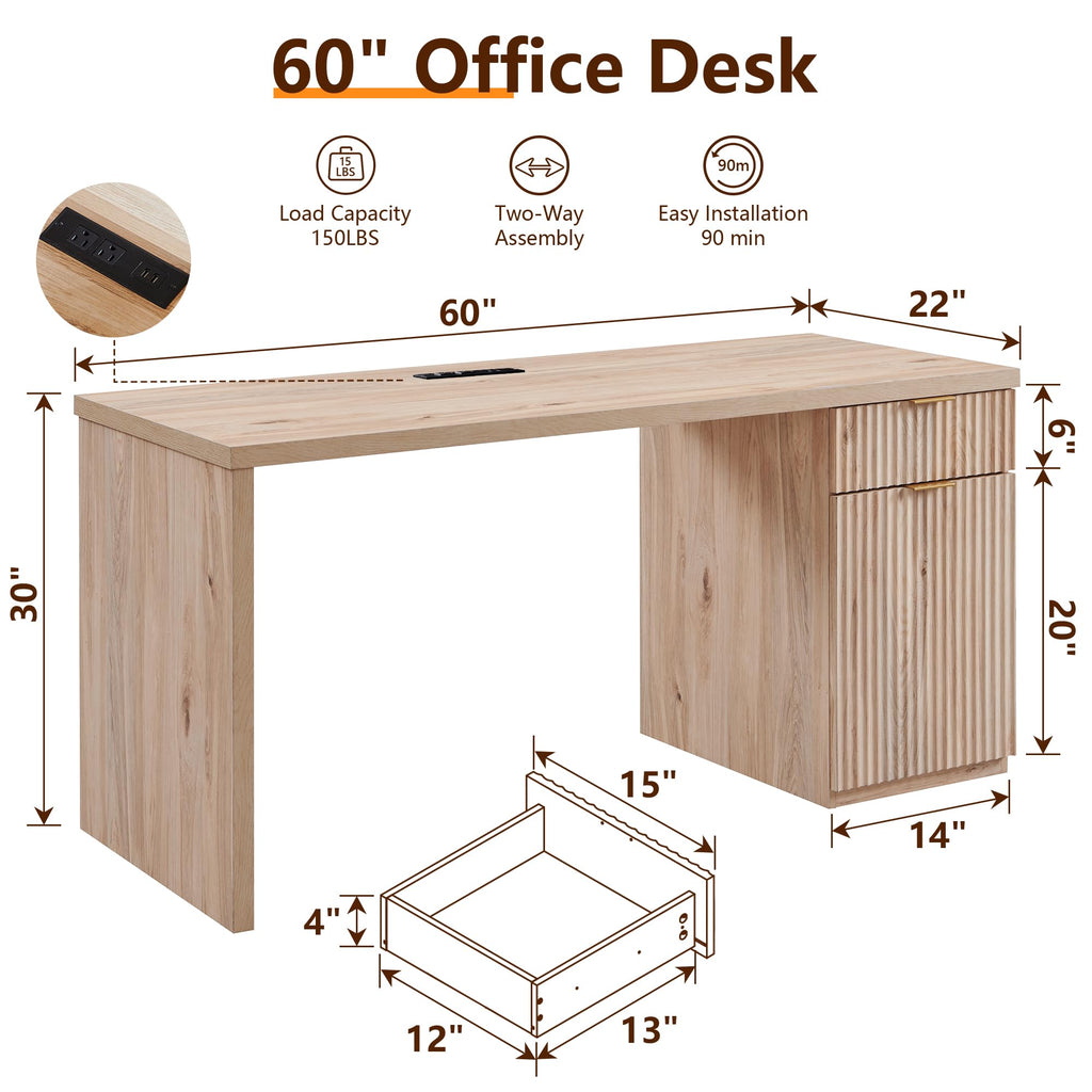 60" Fluted Desk with Cabinet and Built-in Outlet T56882