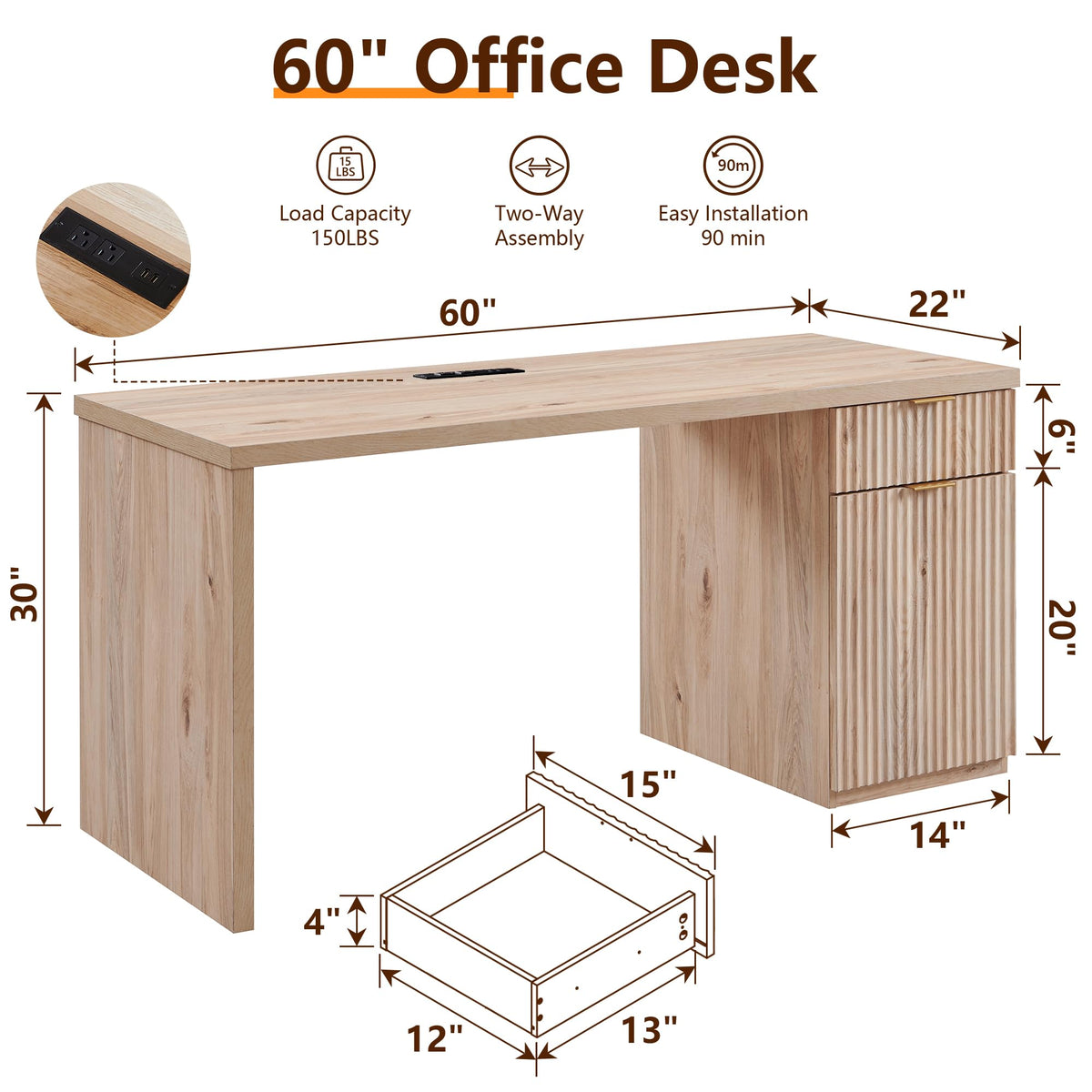 60" Fluted Desk with Cabinet and Built-in Outlet T56882