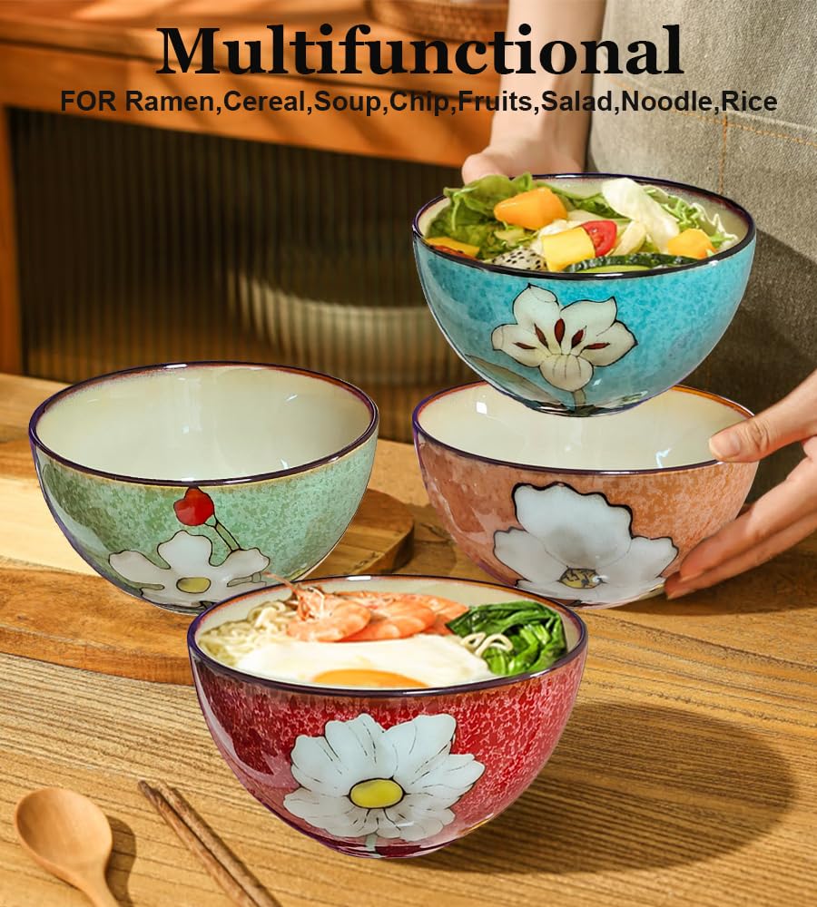 Ceramic Cereal Bowl Set of 4, 28oz Floral Pattern, Microwave Safe Q903