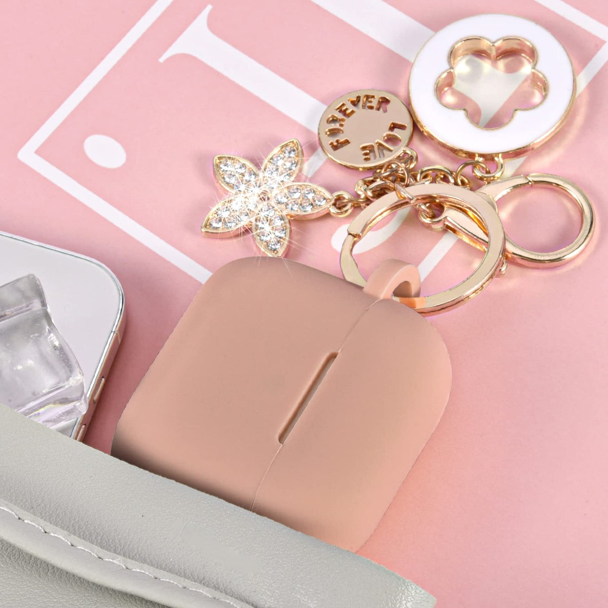 Pink Silicone Earbuds Case with Keychain U50989