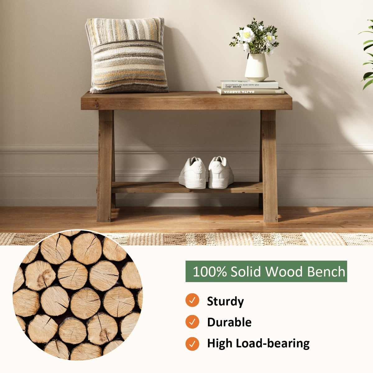 Solid Wood Bench with Shoe Storage T91008
