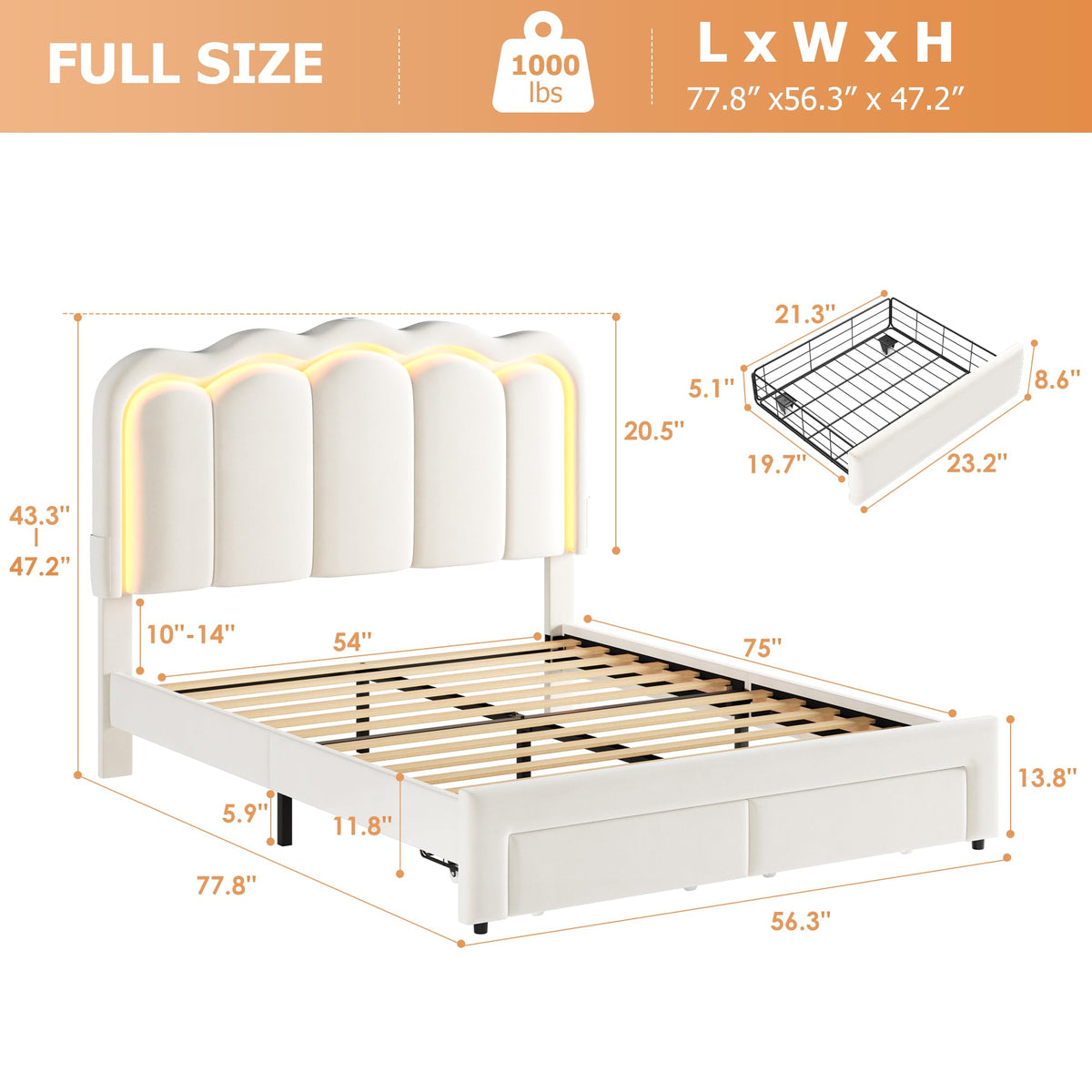 Beige Velvet Upholstered LED Bed Frame with 2 Storage Drawers M608