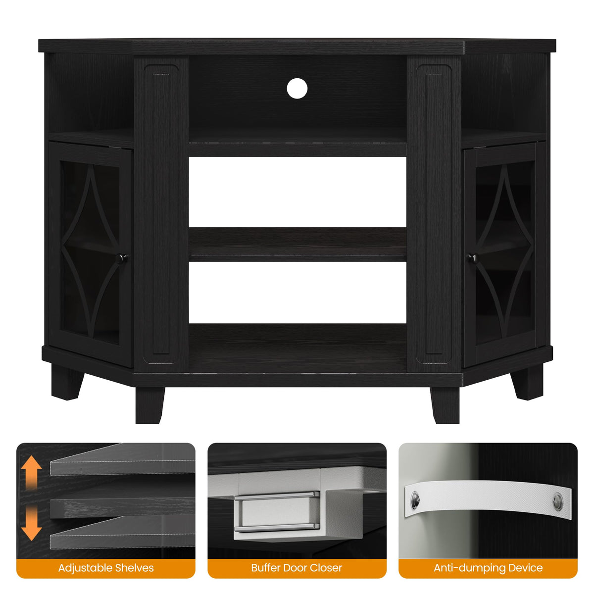 Corner TV Stand up to 55 Inch with Storage Wood Media Console Cabinet Satin Black J570