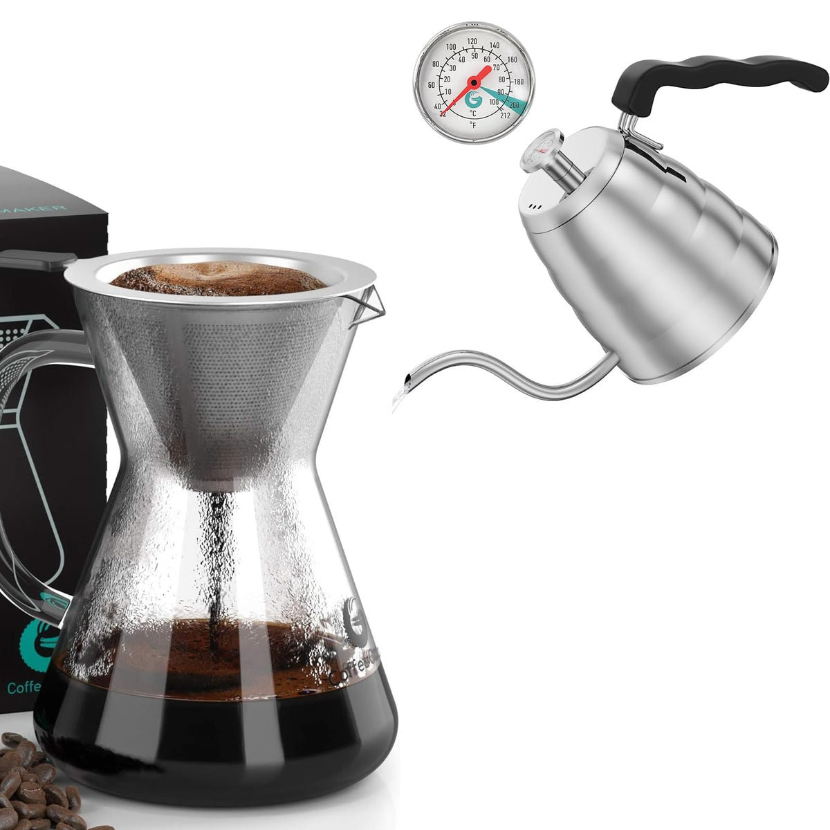 40oz Stainless Steel Gooseneck Kettle and 14oz Pour Over Coffee Maker L114