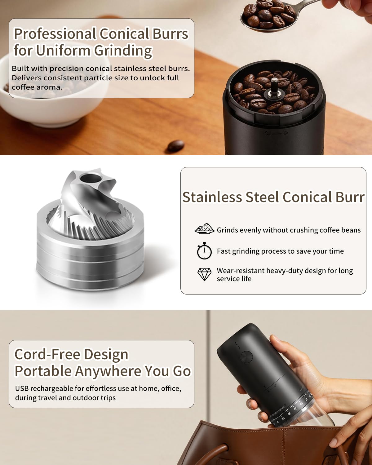 Rechargeable Electric Burr Coffee Grinder with Stainless Steel Conical Burr, Black F1056
