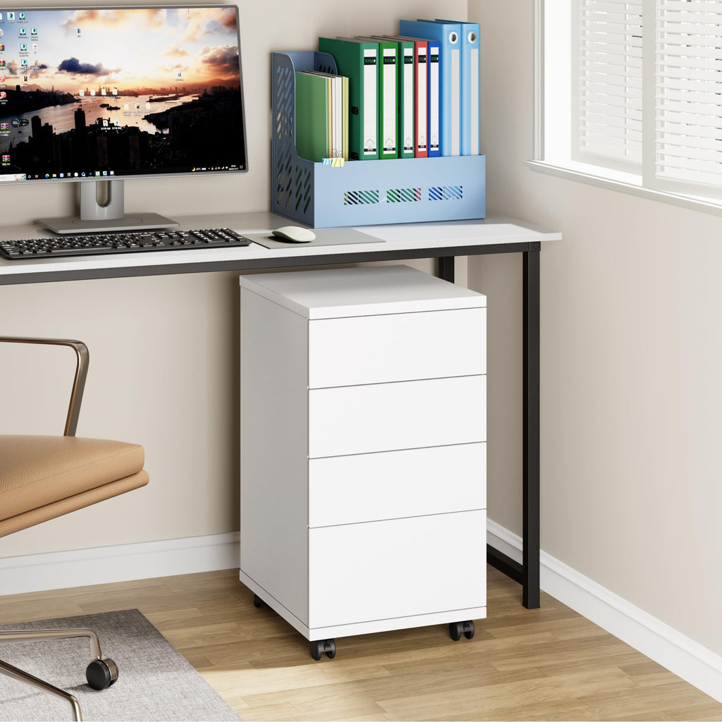 White 4 Drawer Wood Storage Cabinet with Wheels X791