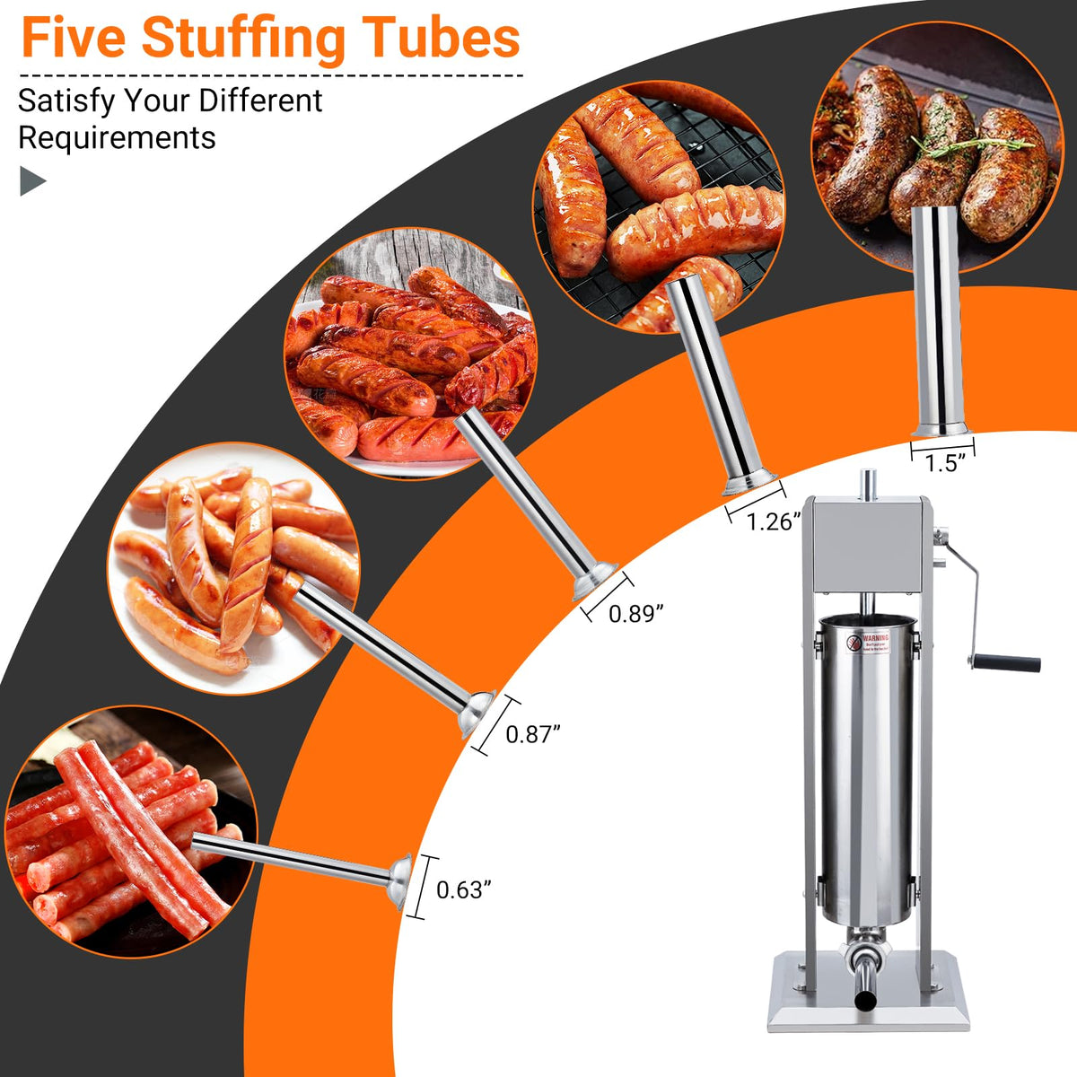 Manual 15LBS Stainless Steel Sausage Stuffer with 5 Stuffing Tubes A5081