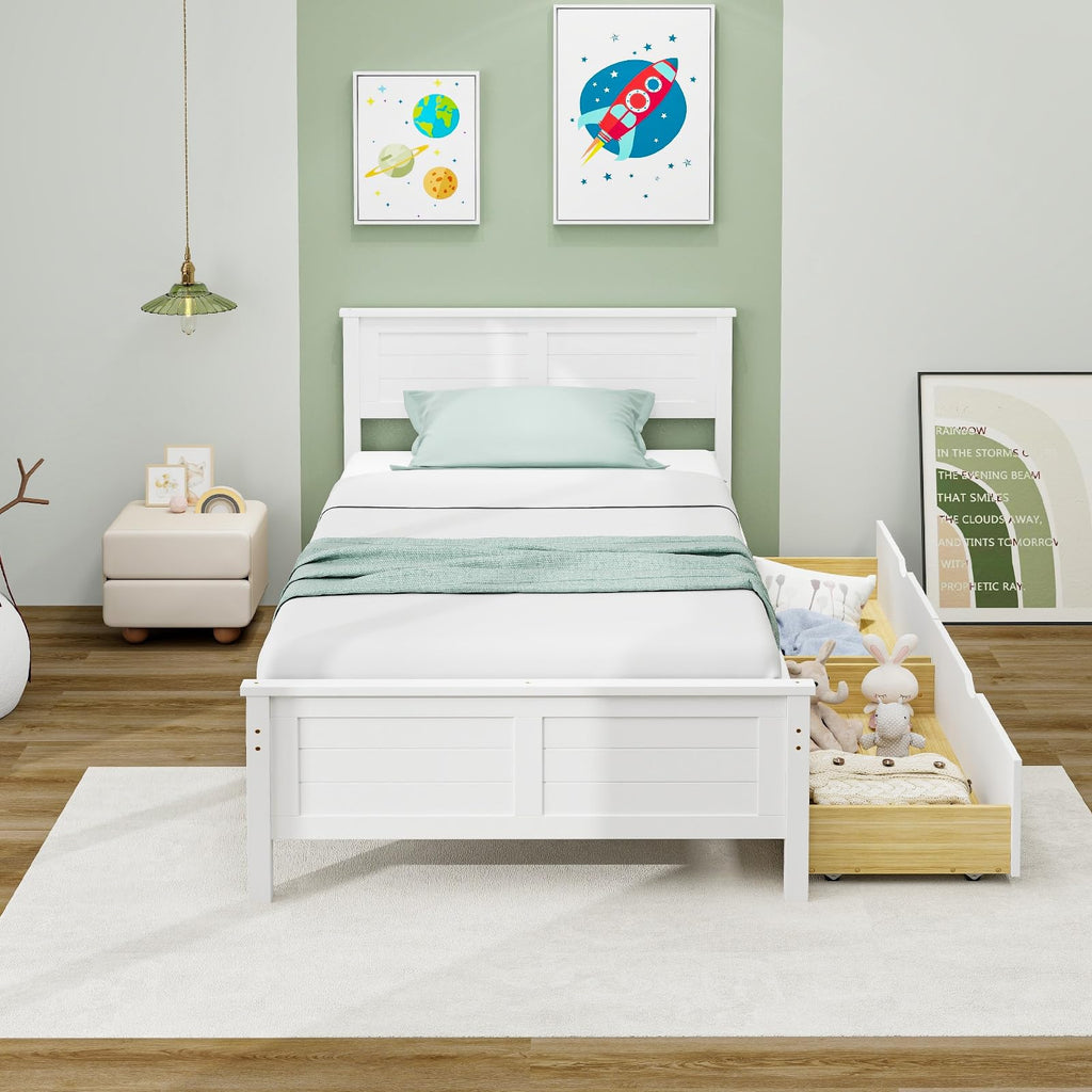 White Wood Twin Bed with 2 Storage Drawers Q782030