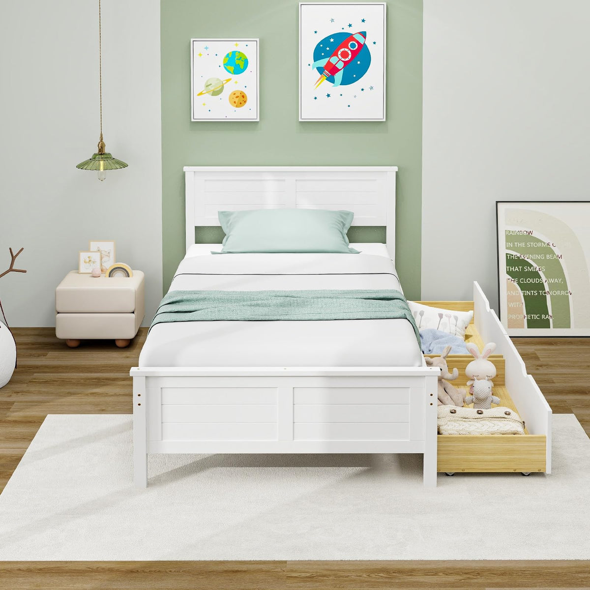 White Wood Twin Bed with 2 Storage Drawers Q782030