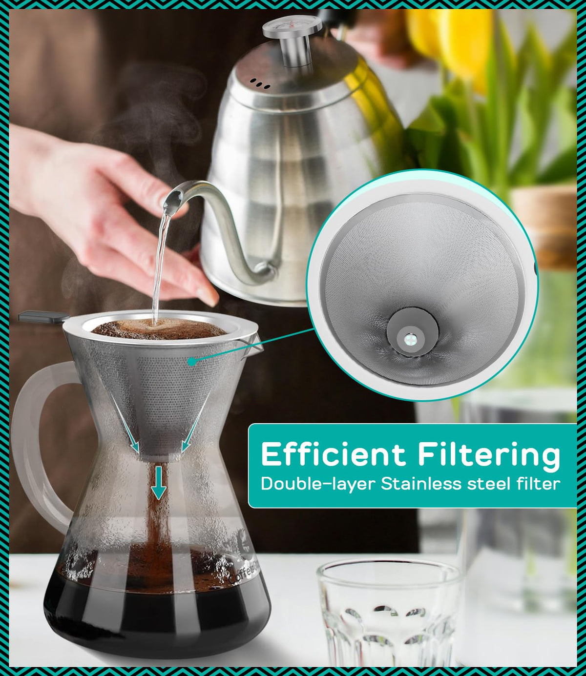 40oz Stainless Steel Gooseneck Kettle and 14oz Pour Over Coffee Maker L114