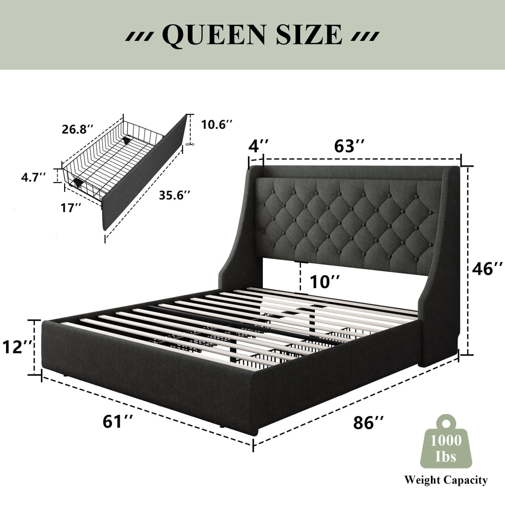 Queen Bed Frame with 4 Storage Drawers Upholstered Dark Grey X647