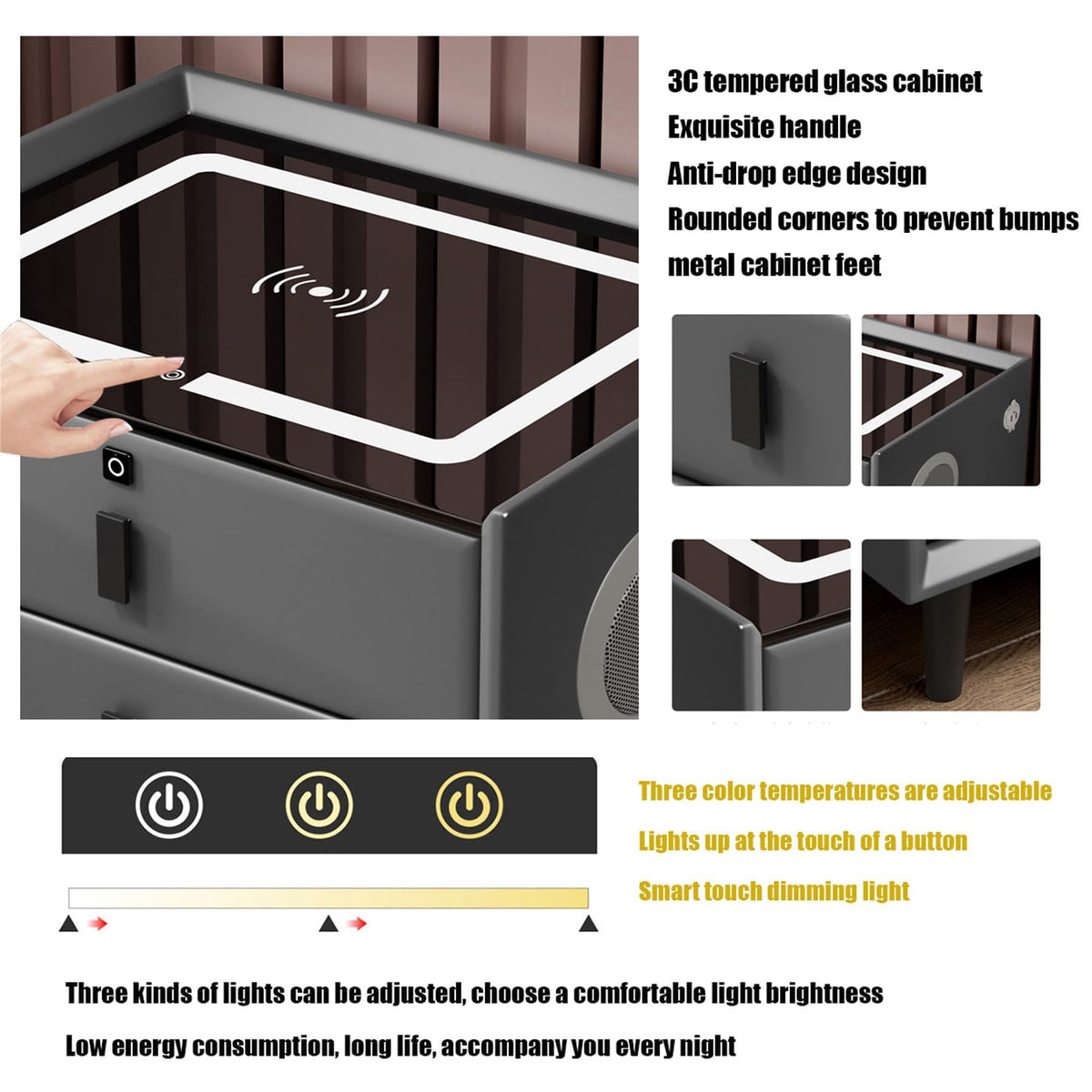 Pink 3 Drawer Wood Nightstand with Charging Station and USB Ports S860