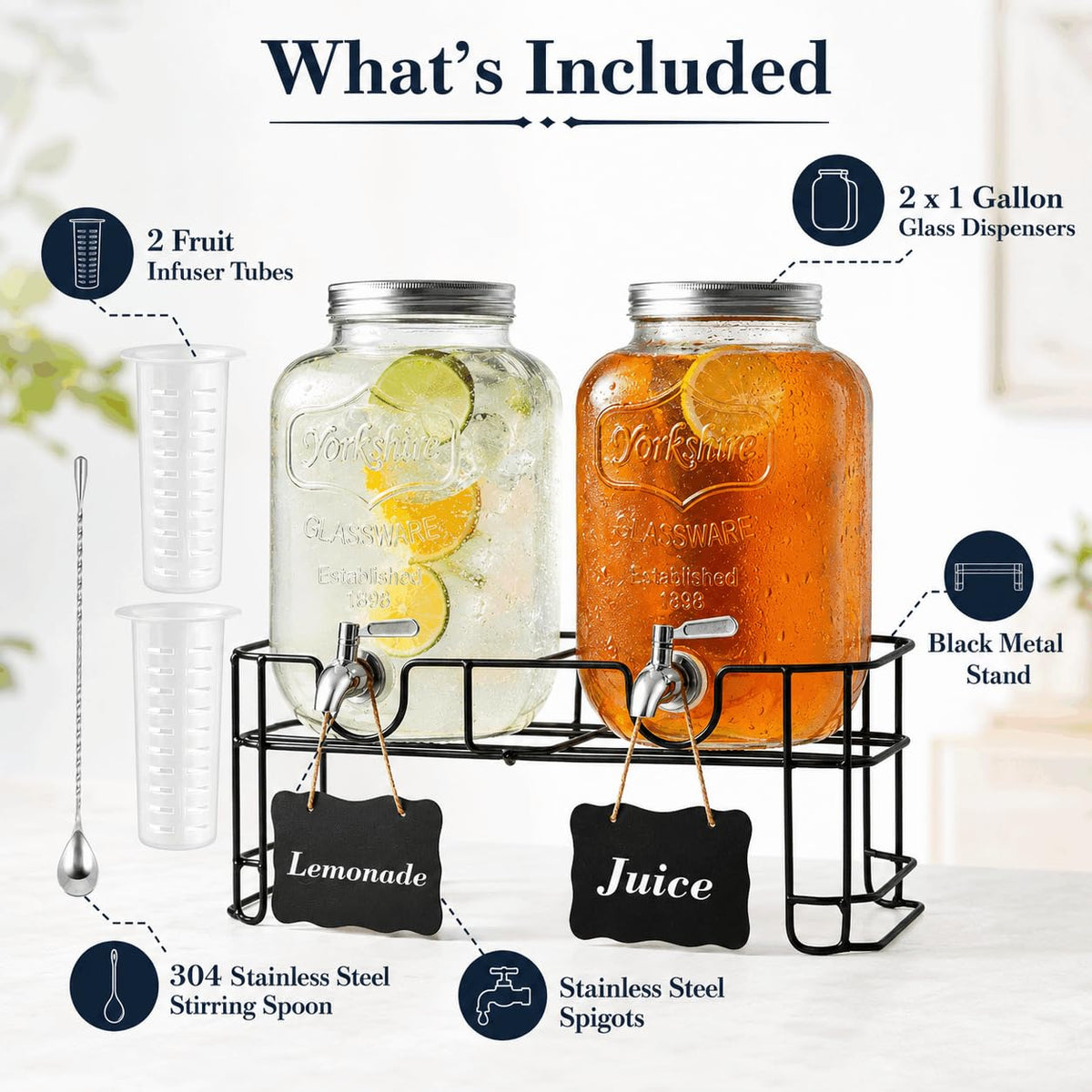 2-Pack 1-Gallon Glass Drink Dispensers with Wire Stand N58126