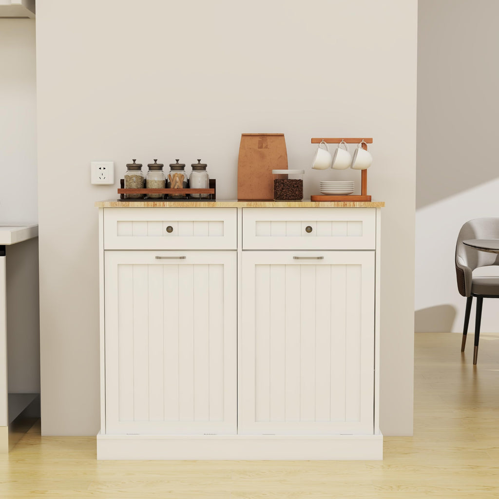 White 20 Gallon Wooden Tilt Out Trash and Recycling Cabinet B304