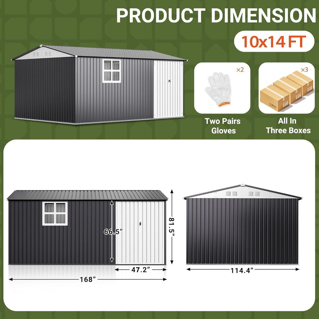 10X14 FT Metal Outdoor Storage Shed with Window, Black D6509