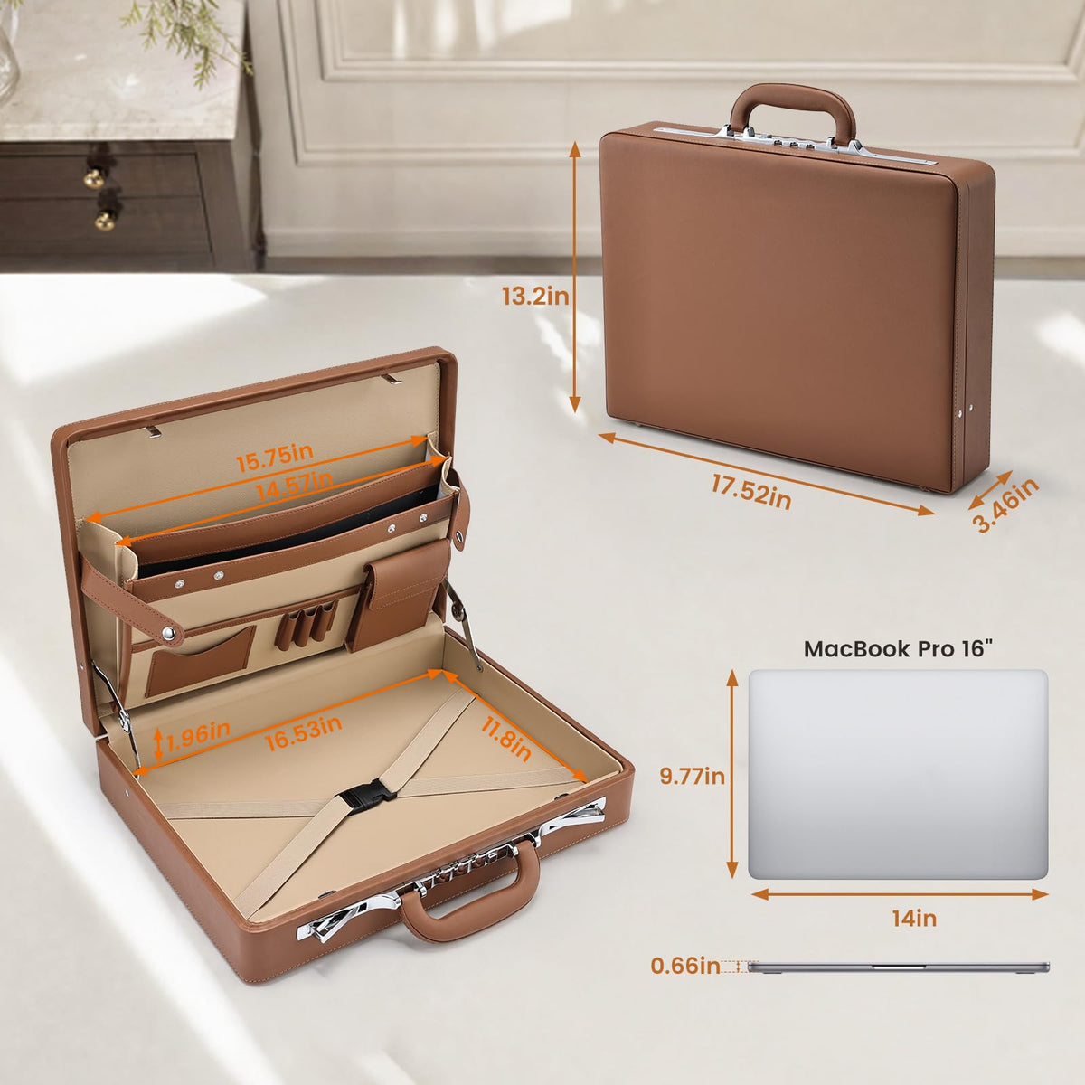 Brown Leather Briefcase with Lock for 16 Inch Laptop L81076