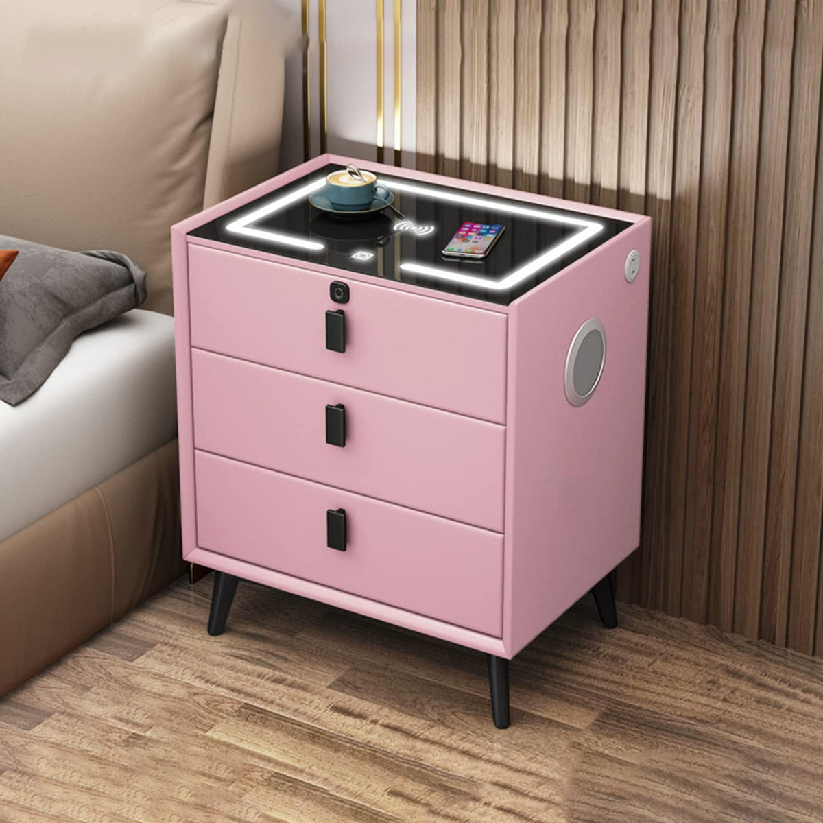 Pink 3 Drawer Wood Nightstand with Charging Station and USB Ports S860
