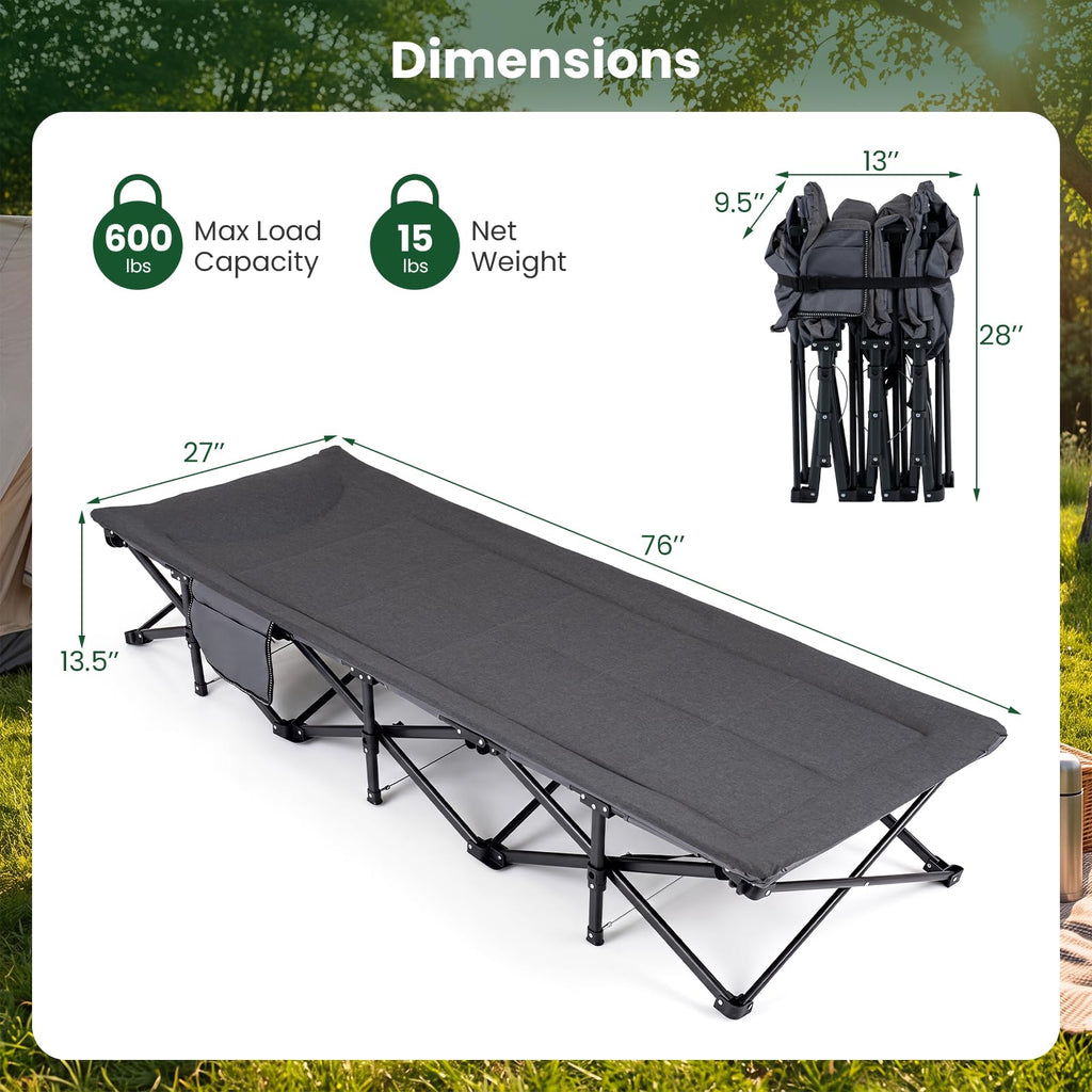 Camping Cot with Padded Pillow, Carry Bag, 600 lbs, Grey L120014
